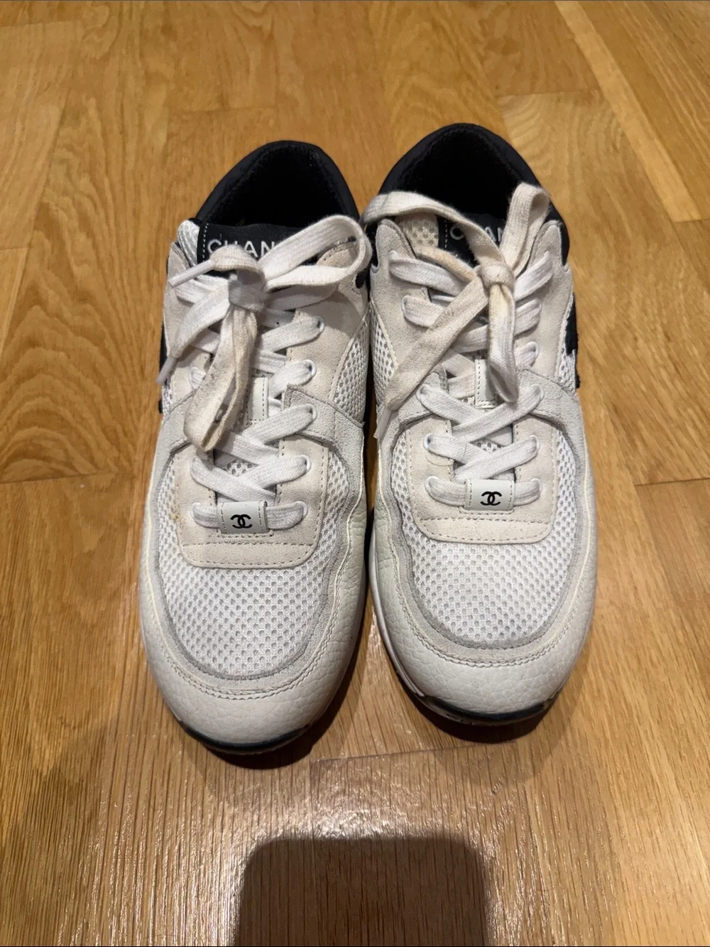 CHANEL Ivory and Black CC Logo Sneakers